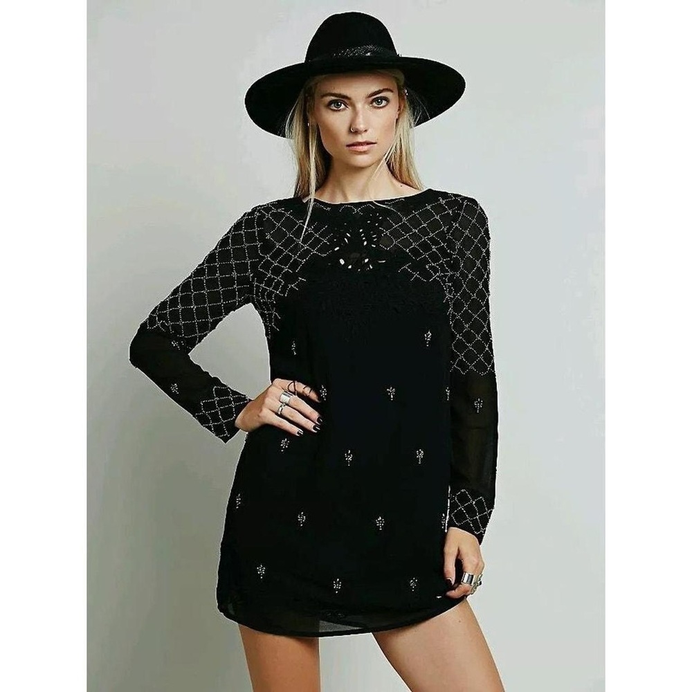 Free People Unchain My Heart Beaded Mini Dress, Size: 0, Color: Black